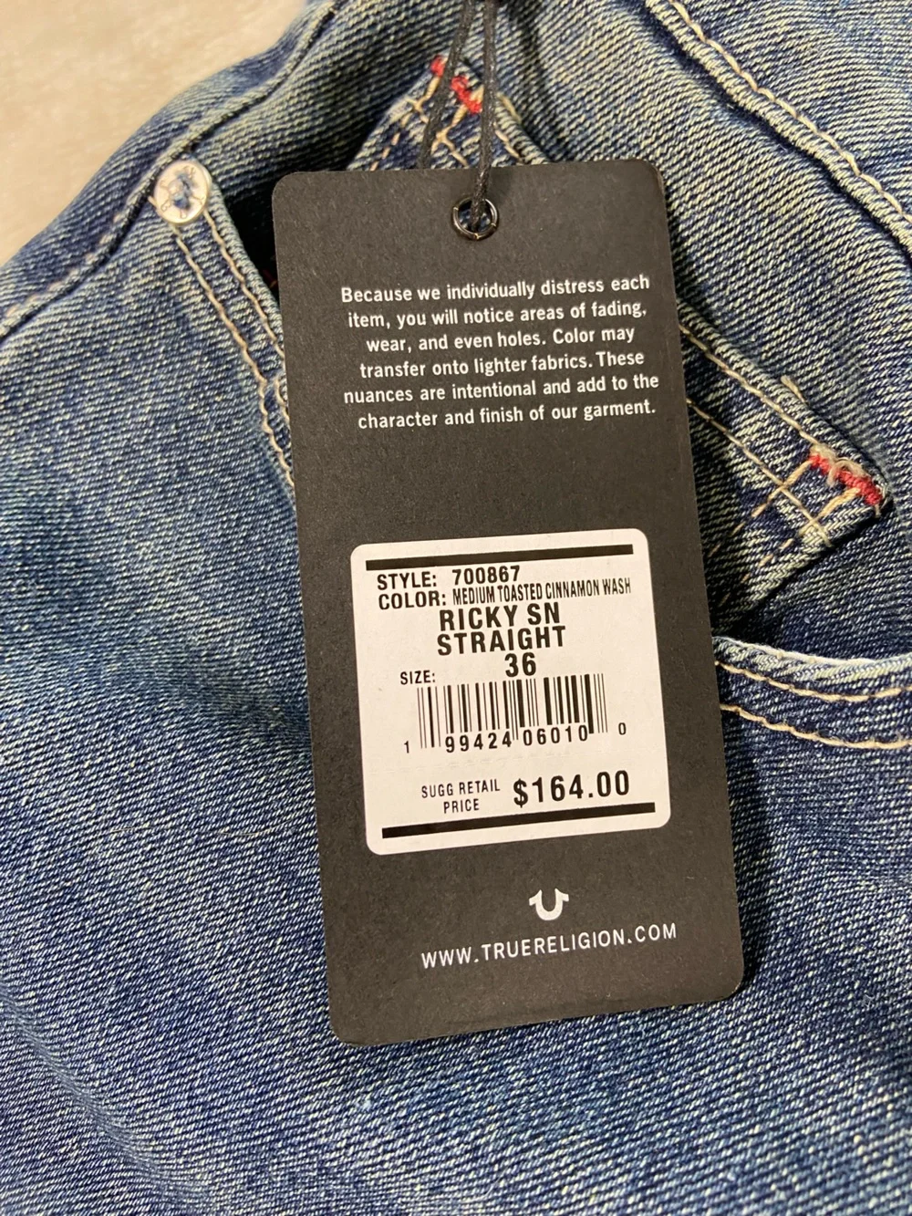 NWT Men’s True Religion 36x34 Ricky Straight Leg Jeans Toasted Cinnamon Wash